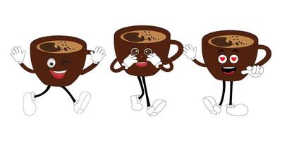 Coffee cup mascot character set, funny coffee cups with different facial expressions and poses. Funny colorful characters in doodle style, happy macot vector