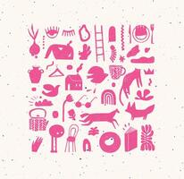 Set of hand drawn design signs drawing in crosshatch style in pink color on beige background vector