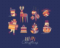 Set of Christmas symbols in cubism style sock, tree, cone, tree, decorations, snowman, candle drawing on blue background vector