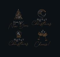 Set of Christmas and Happy New Year art deco labels with lettering drawing in modern vintage line style vector