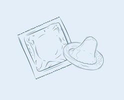 Condom packed and unpacked composition drawing on blue background vector