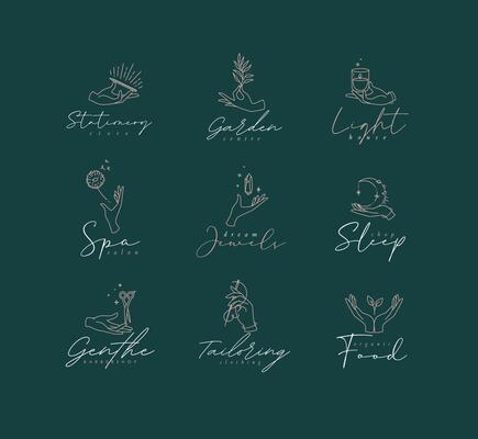 Hand symbol templates pen, branch, candle, dandelion, crystal, moon, scissors, needle, leaf in modern line style drawing on green background