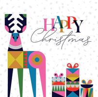 Poster deer and present box in cubism style with lettering happy christmas drawing on white background vector