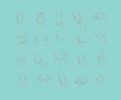 Set of hand phone in different positions and navigation drawing with thin lines on turquoise background. vector