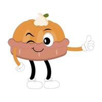 Cute illustration of pumpkin pie smiling character with raised thumb, round pie with cream toppin. Various expressions, suitable for Halloween themed designs. vector