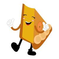 Cute illustration of a pumpkin pie character in the form of a smiling slice with a raised thumb cream topping waving happily. Various expressions, suitable for halloween themed designs. vector