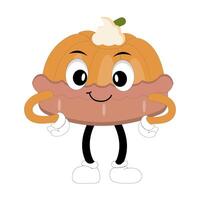 Cute illustration of pumpkin pie character smiling with hands on hips, round pumpkin pie with cream topping walking happily. A variety of expressions, suitable for Halloween themed designs. vector
