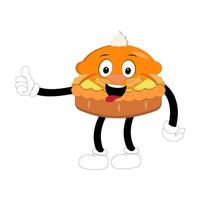 Cute illustration of pumpkin pie character smiling with hand on face, round pumpkin pie with cream topping walking happily. A variety of expressions, suitable for Halloween themed designs. mascot vector