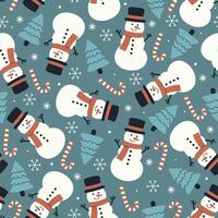 Seamless pattern with snowmen, candy canes, fir trees and snowflakes. graphics. vector