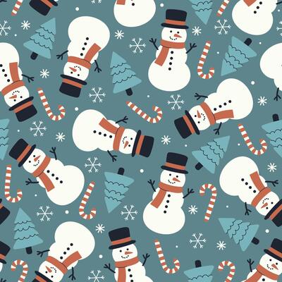 Seamless pattern with snowmen, candy canes, fir trees and snowflakes. graphics.