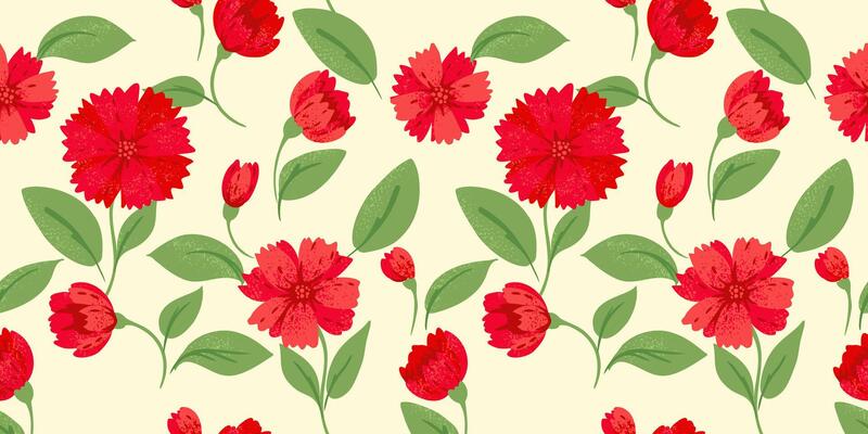 Summer seamless pattern with abstract large flowers and big leaves. hand drawn unique red floral print. Ornament for designs, children textiles, notebook cover