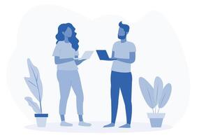 Illustration of a man and woman holding laptops, standing and discussing work, surrounded by potted plants, on a light background. Concept of teamwork and office collaboration. illustration vector