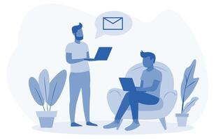 Two individuals are depicted working on laptops in an office setting. One is standing while the other is sitting in a chair. Plants and a message icon are present. Concept of business communication vector