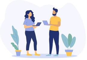 Two individuals holding laptops while standing beside potted plants. Minimalistic graphic style on a light background. Concept of remote work communication. illustration vector