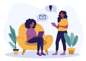 Two women engaging in a discussion while using laptops, one seated and one standing, with speech bubbles showing an email and a light bulb. Indoor setting with plants. Concept of collaboration vector