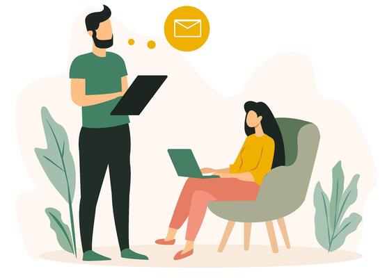 Two people working from home, one standing with a tablet and the other sitting with a laptop, on a neutral background. Concept of online education, home office, business, freelance.