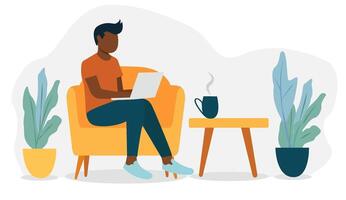 A person is sitting on a chair working on a laptop with a steaming cup on a table nearby. There are plants on either side of the chair. background is simple. Concept of remote work and home office vector