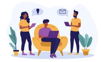 Illustration of three people using laptops, sharing ideas and messages, with potted plants in the background. Concept of teamwork, collaboration, and communication. illustration vector