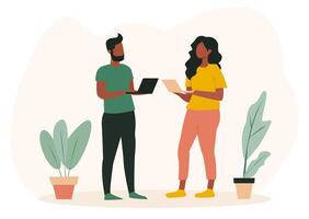 two people standing and working on laptops, surrounded by potted plants. background a simple off-white color. The image conveys concepts of collaboration, online education, and home office setup vector
