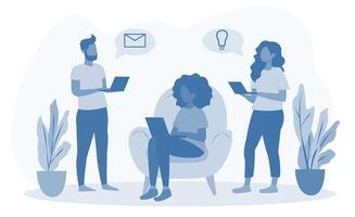 Illustration showing a team of three people with laptops, discussing ideas and email communication, with plant decor in an office setting. Concept of teamwork and collaboration. illustration vector