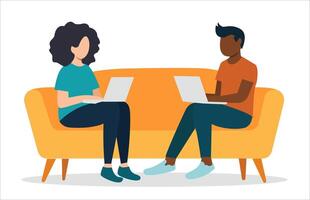 Two individuals working on laptops while sitting on a yellow couch. Minimalist illustration style on a white background. Concept of remote work and collaboration. illustration vector