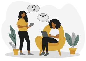 Two women using laptops in a home office setting, one standing and one sitting on a chair. Minimalist style with plants in the background. Concept of online education and remote work. vector