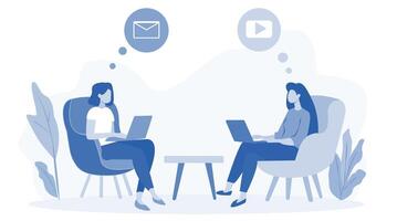 Two women working on laptops, each sitting in a chair with communication icons above their heads. Blue color scheme on a light background. Concept of remote work and communication. illustration vector