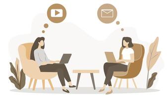Two women are working on laptops, facing each other, with communication icons like and email above their heads. Flat design on a light background. Concept of online communication and remote work vector