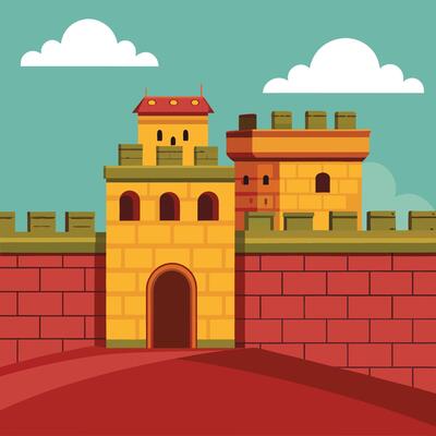 An illustration of a castle with a gate and a tower