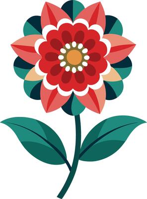 A flower with leaves and a red center