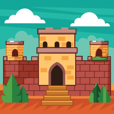 An illustration of a castle with a gate and stairs