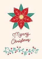 Merry Christmas Card with Poinsettia. Greeting card on light beige background. Christmas and New Year. illustration. vector