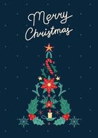 Christmas Card with Christmas Tree. Greeting card on dark background. Christmas and New Year. illustration. vector