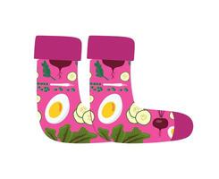 Socks with Lithuanian cold beet soup pattern. Pink soup ingredients. Egg, beetroot, cucumber, onion and dill. Isolated on white background. vector