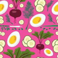 Lithuanian cold seamless beet soup. Pink soup ingredients. Egg, beetroot, cucumber, onion and dill. Isolated on light pink background. vector