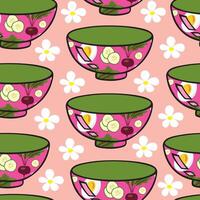 Seamless pattern. Cold beet soup plate pattern with egg, fresh herbs, cucumber and herbs. Isolated on pink background with white flowers. vector