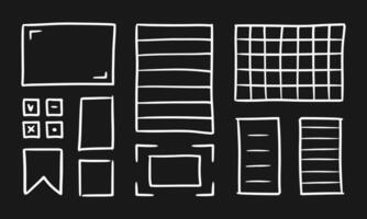Bullet journal doodle set. Hand drawn elements, stickers, planner labels. Sketch scribble style. Illustration for diary, planner, notebook on black background vector