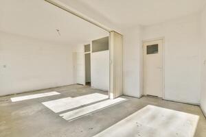 An empty room with a door and a window photo