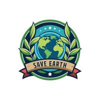 Globe badge with leaves and text save earth Icon Mascot Logo Design Symbol vector