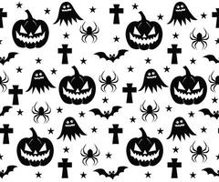 Halloween seamless pattern with spiders, skulls, other holiday symbols. illustration, wrapped paper, background and texture in flat doodle style, isolated. vector