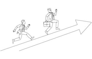 Continuous one line drawing of businessman chasing his competitor on an upward arrow, business competiton, challenge to success in career concept, single line art. vector