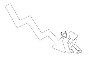 Continuous one line drawing of depressed businessman hitting downtrend graph with his fist, economic recession, business failure concept, single line art. vector