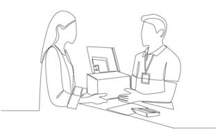 Continuous one line drawing of staff receiving parcel from customer at express delivery counter, delivery service concept, single line art. vector