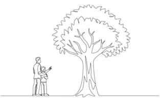 Continuous one line drawing of father and son looking at big tree, inculcating value in preserving nature concept, single line art. vector