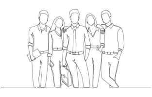 Continuous one line drawing of young office workers stand together confidently, professional business team concept, single line art. vector