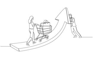 Continuous one line drawing of businessman pushing arrow up while woman pushing shopping cart up following arrow, stimulation of consumer spending concept, single line art. vector