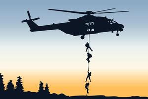 Silhouette of a combat helicopter with soldiers, side view, nh 90 in french army, drawing can be used for web, sticker, patch, logo, illustration and infographic vector