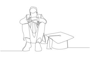 Continuous one line drawing of new graduate sitting sadly hugging knees next to graduation cap, unemployment of new graduates concept, single line art. vector