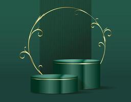 Luxury green 3D Product Display with golden round frame.3d background with Cylindrical Pedestal. Abstract minimal mockup, Elegant Product display presentation, Stage showcase. illustration vector