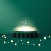 Minimal christmas podium background green color with neon light bulb on floor. Mery christmas, New year wall scene. Mockup product cylinder display for presentation. 3D showcase background. vector